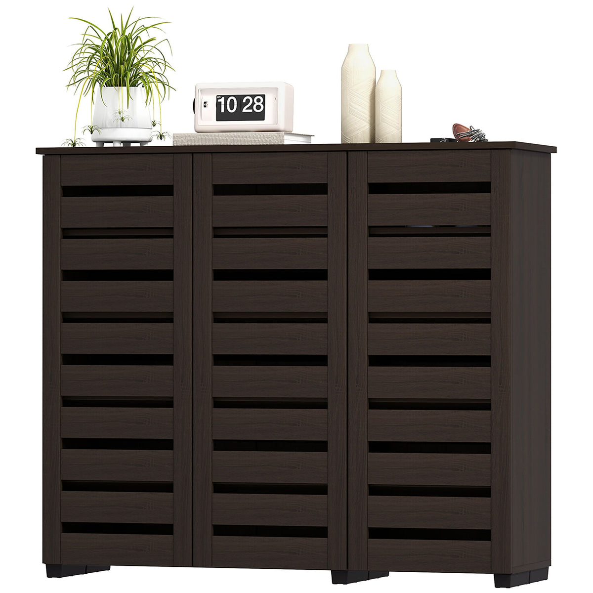 Narrow Shoe Cabinet with Slatted Doors, Adjustable Shelves for 20 Pairs of Shoes, Shoe Cabinet for Entryway, Dark Brown
