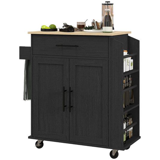 Rolling Kitchen Island with Power Outlets and Drawer - Black