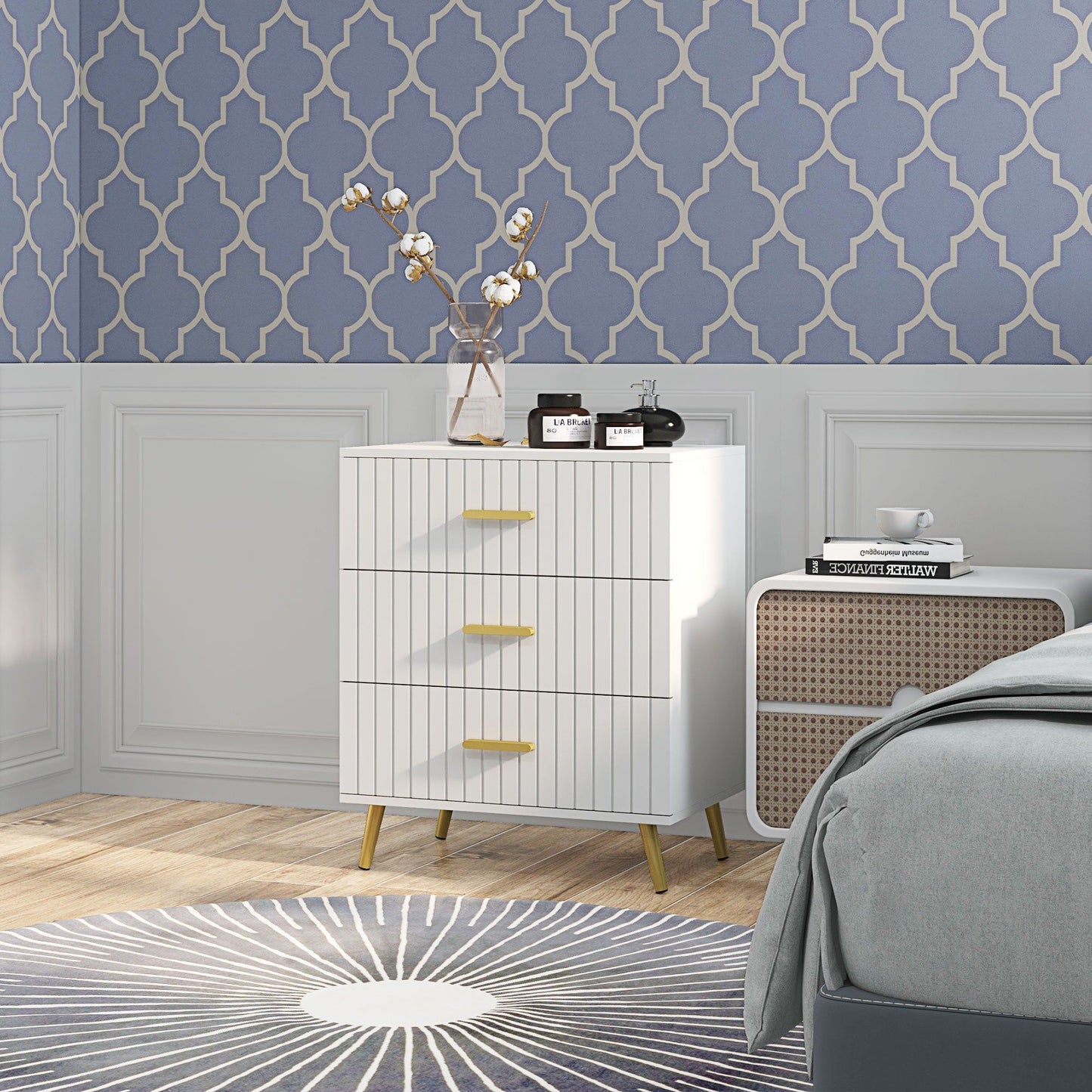 3-Drawer Chest of Drawers with Gold Handles - White
