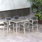 7 Pieces Outdoor Dining Set with 6 Stackable Chairs, Patio Table and Chairs with Plastic Top, Breathable Mesh Seat Back