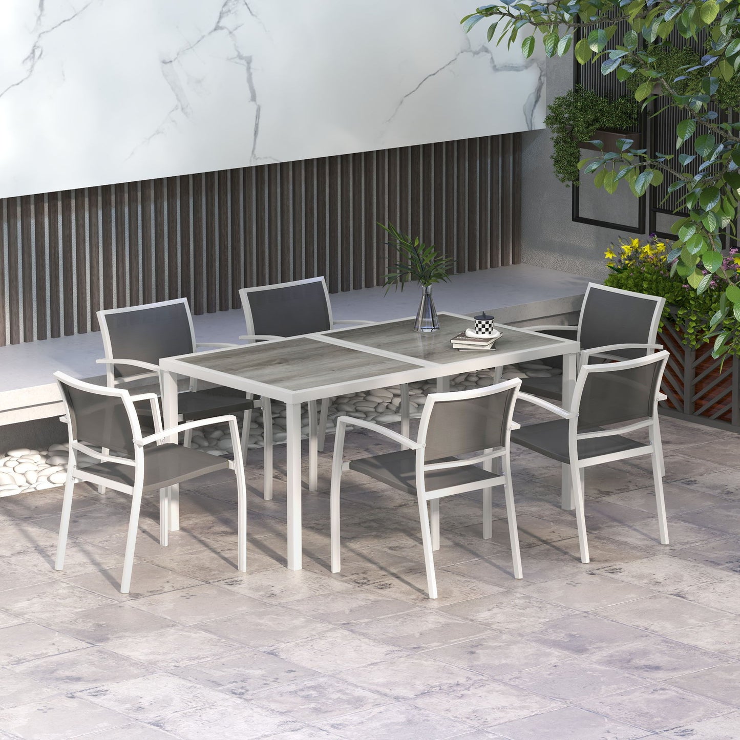 7 Pieces Outdoor Dining Set with 6 Stackable Chairs, Patio Table and Chairs with Plastic Top, Breathable Mesh Seat Back