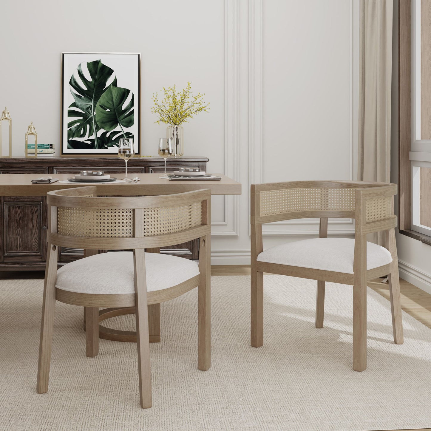 Set of 2 Dining Chairs with Rattan Round Backrest, Upholstered Seats, Dining Seats for Kitchen, 22.5" L x 22" W x 29.5" H, Beige+Natural Ash