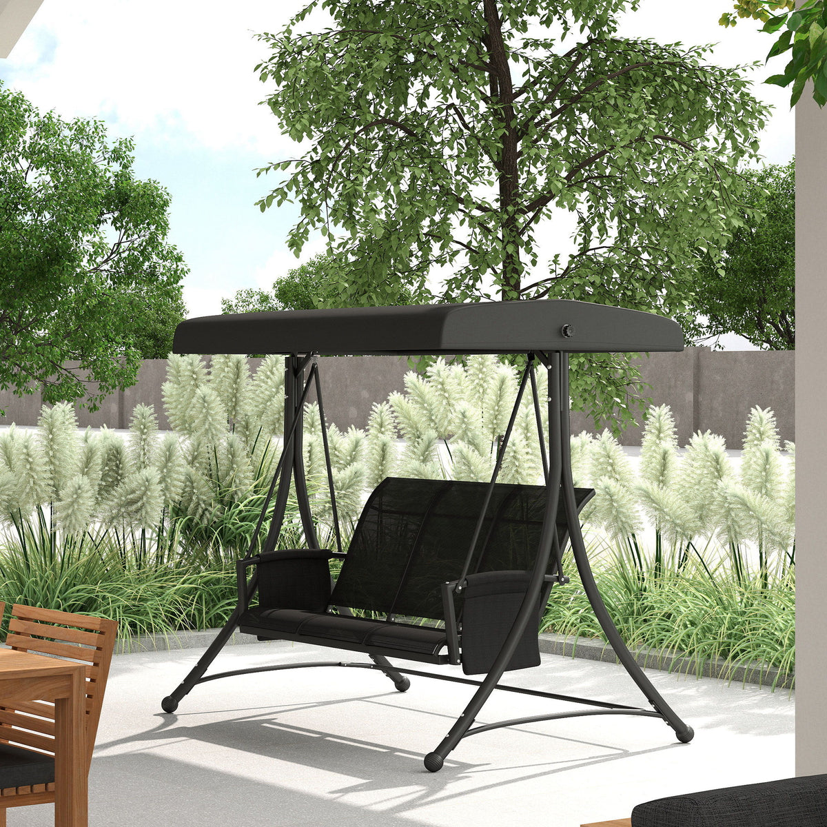 3 Person Outdoor Porch Swing Chair with Adjustable Canopy, Black