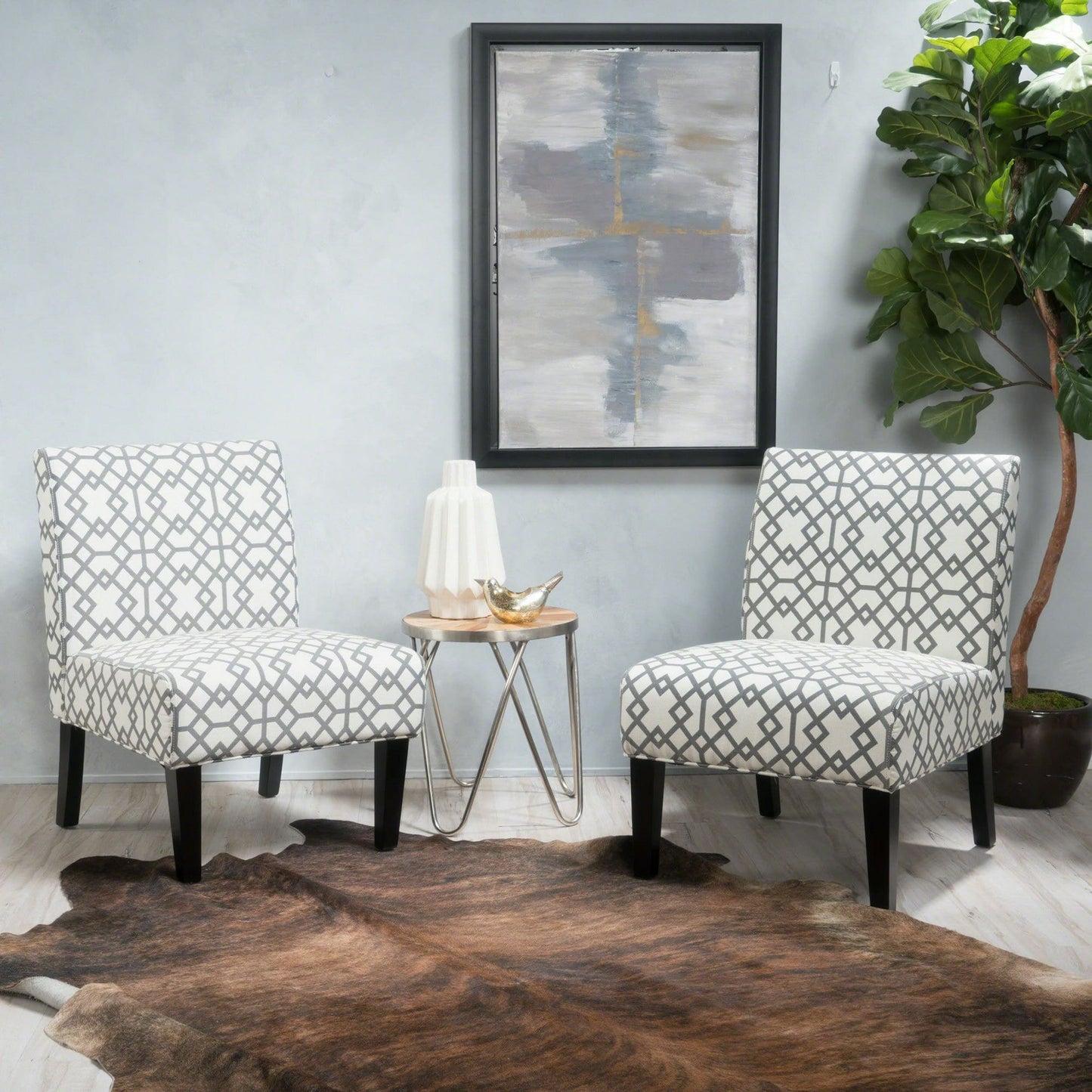 Contemporary Accent Chair with Upholstered Seat and Rubberwood Tapered Legs, Seat for Living Room, 22.5" L x 29.5" W x 32" H, Grey+Ivory