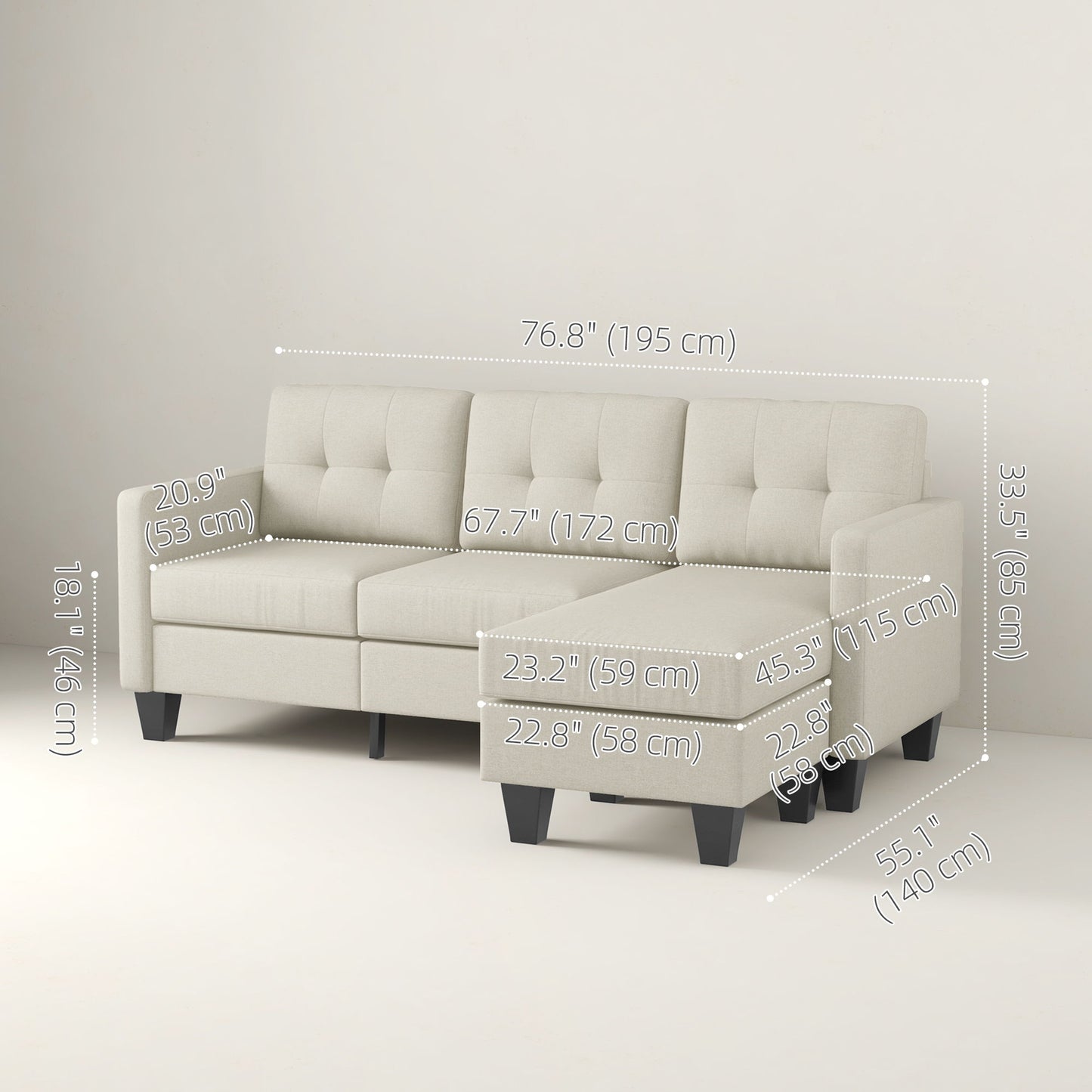 Small Corner Sofa, 3 Seater Sectional Couch with Ottoman, Corner Sofa with Thick Padded Cushion and Wood Legs, Beige