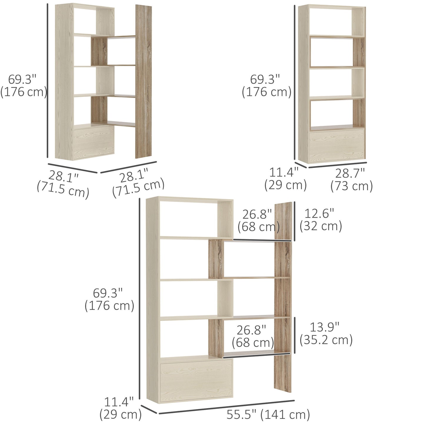 4-Tier Corner Bookcase, Rotating Storage Display Shelf, Multifunction Tall Bookshelf, Space Saving Room Divider for Home Office, White Oak