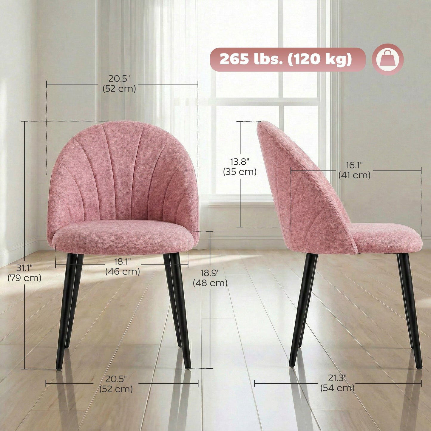 Upholstered Dining Chairs Set of 4 with Metal Legs - Pink