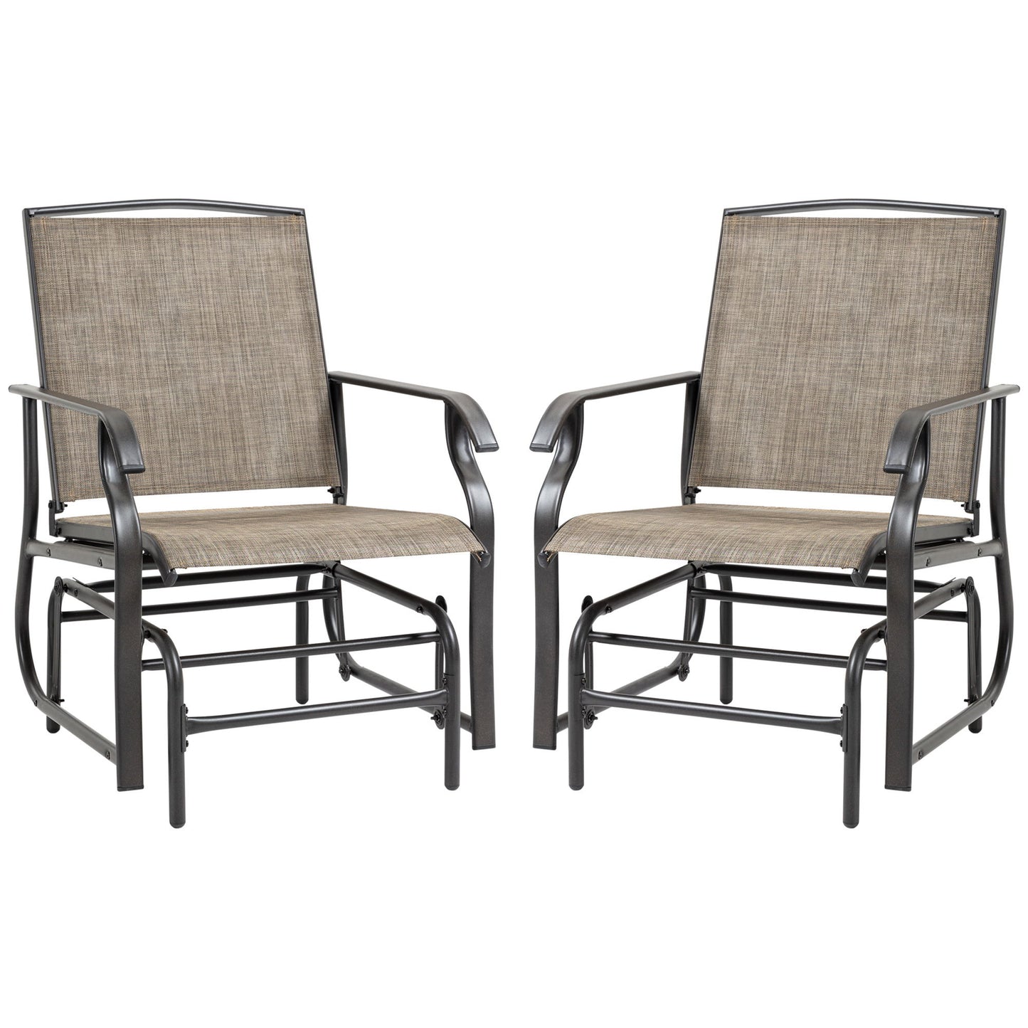 2 Pieces Outdoor Glider Chairs, 2 Person Glider Rocking Chair Set with Breathable Mesh Fabric, Steel Frame, Dark Brown