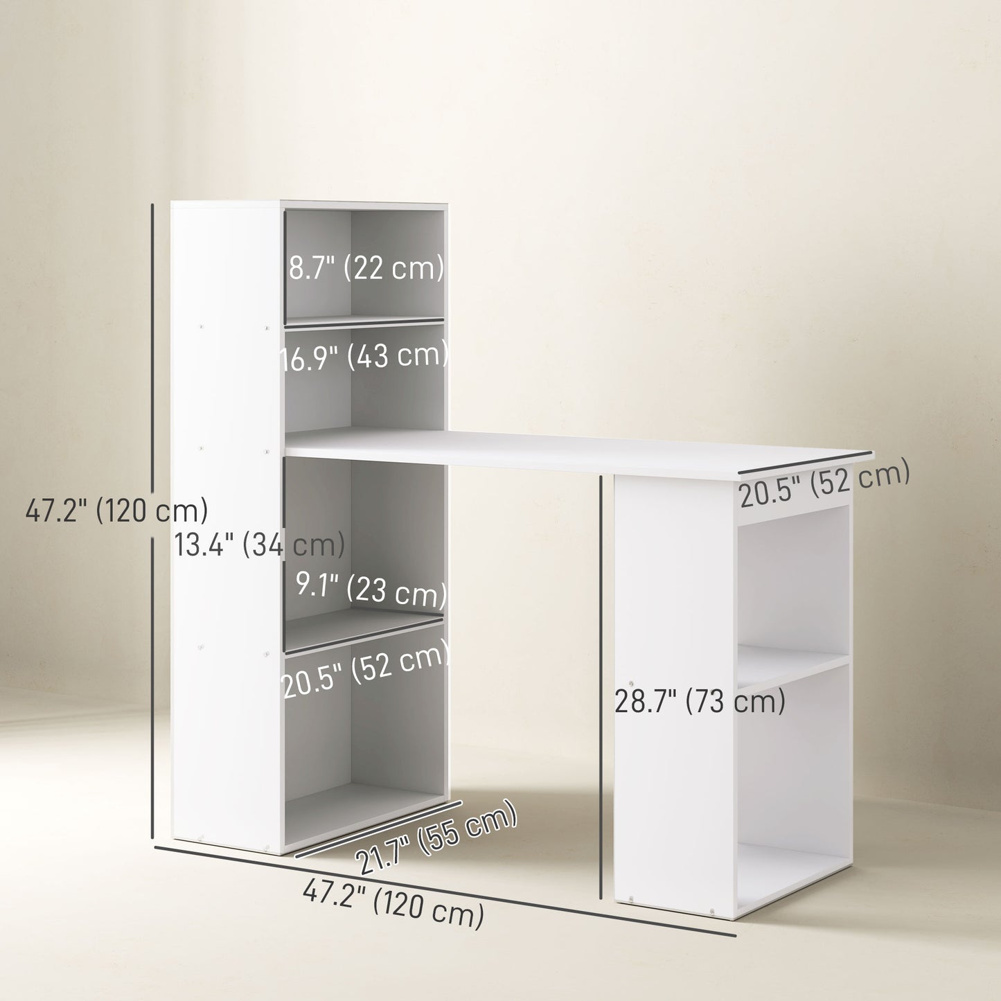 Modern Computer Desk with Storage Shelves, 47" Writing Table Workstation with Bookshelf for Home Office, White