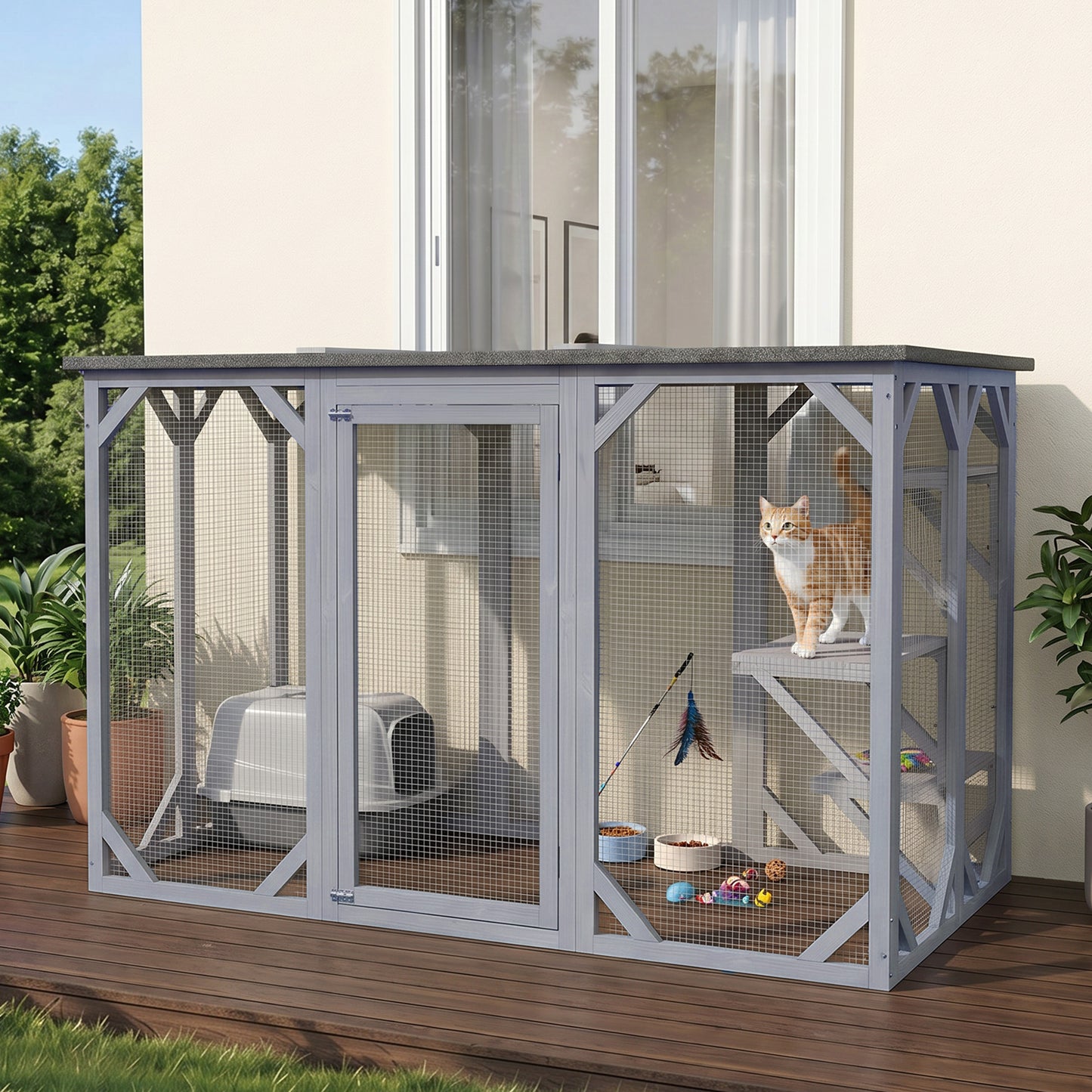 44.1" H Cat Cage, Indoor Outdoor Wooden Enclosure Pet House, Small Animal Cage Hutch, Suitable for Rabbit, Dogs, Kitten, Crate Kennel with Waterproof Roof, Multi-Level Platforms, Lock, Grey