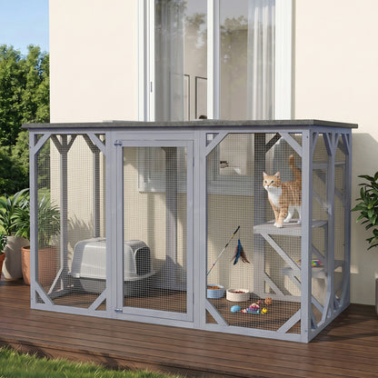 44.1"H Grey Wooden Cat Cage with Multi-Level Platforms
