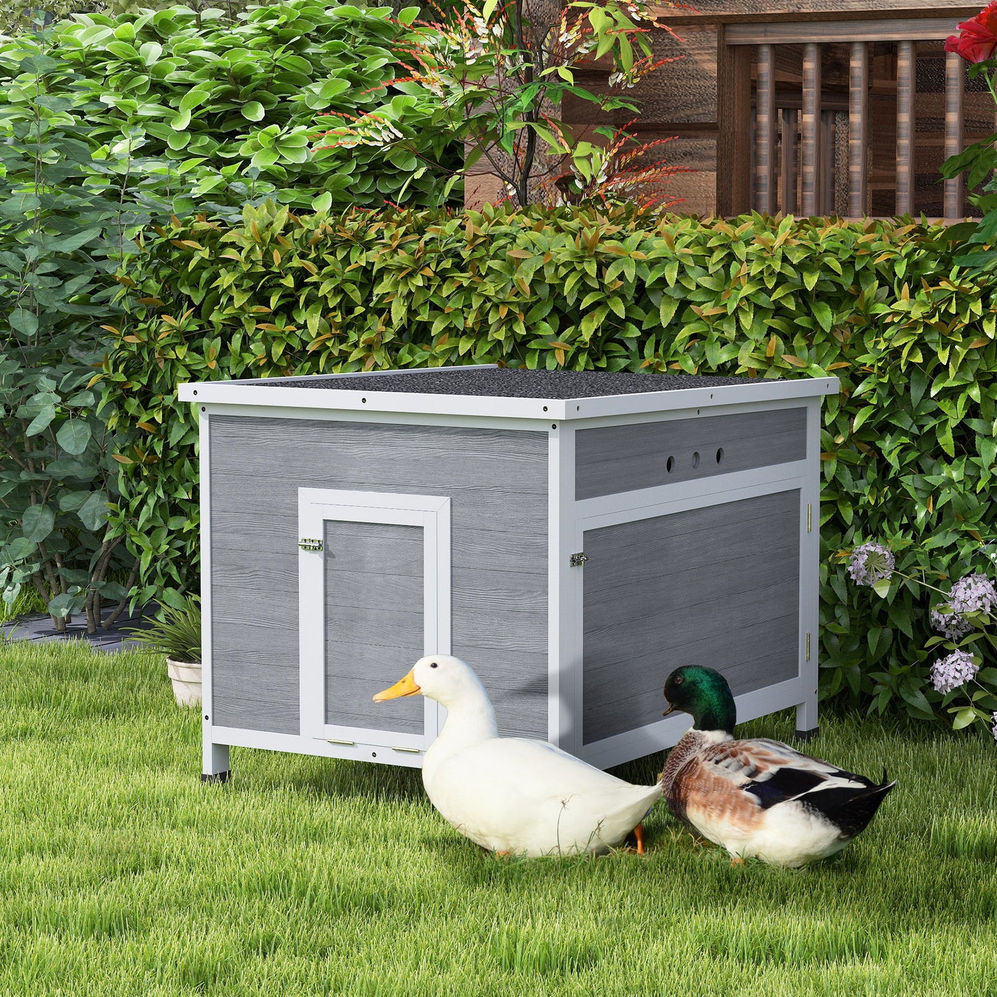 Duck Coop, Wooden Chicken House Rabbit Hutch with Openable Roof, Removable Floor, Double Doors, Ramp, Grey