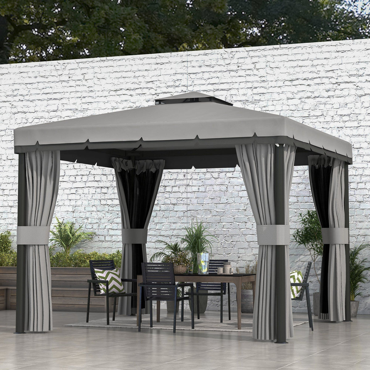 10' x 10' 2-Tier Outdoor Gazebo Canopy Tent with Zippered Mesh Sidewalls, Aluminum Frame for Patio, Backyard Light Grey