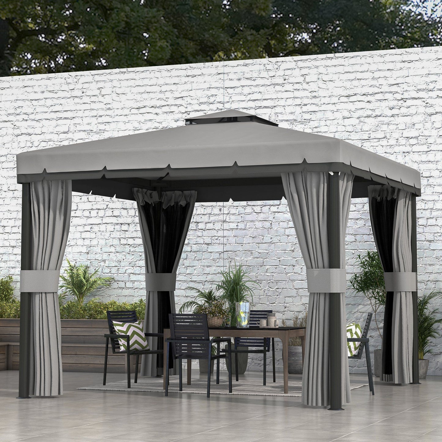 10' x 10' 2-Tier Outdoor Gazebo Canopy Tent with Zippered Mesh Sidewalls, Aluminum Frame for Patio, Backyard Light Grey