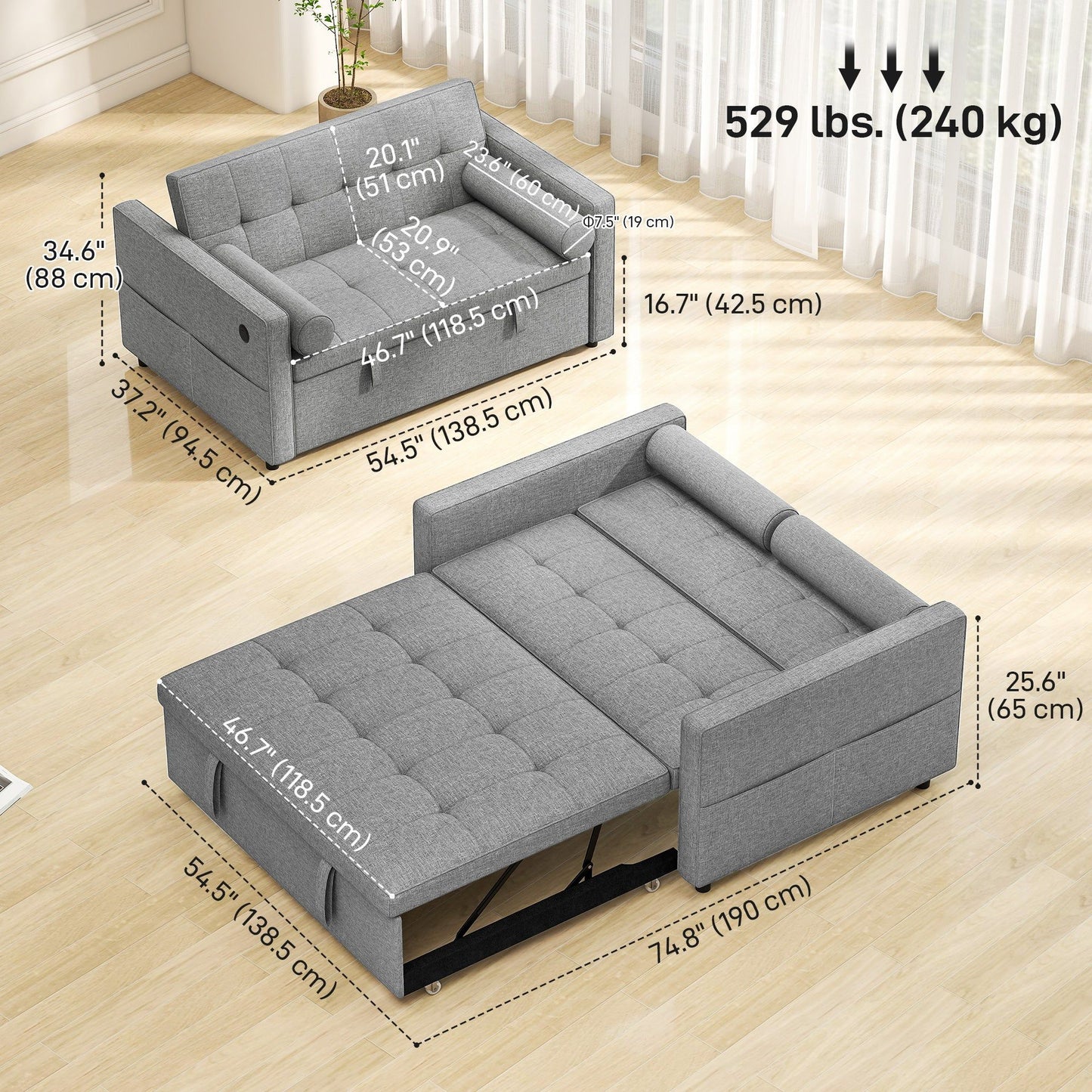 Pull-Out Sleeper Loveseat with USB Ports - Grey
