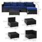 6 Pieces Outdoor PE Rattan Wicker Patio Furniture Sofa Set with Thick Cushions, Deluxe Garden Sectional Couch with Glass Top Table, Black and Dark Blue