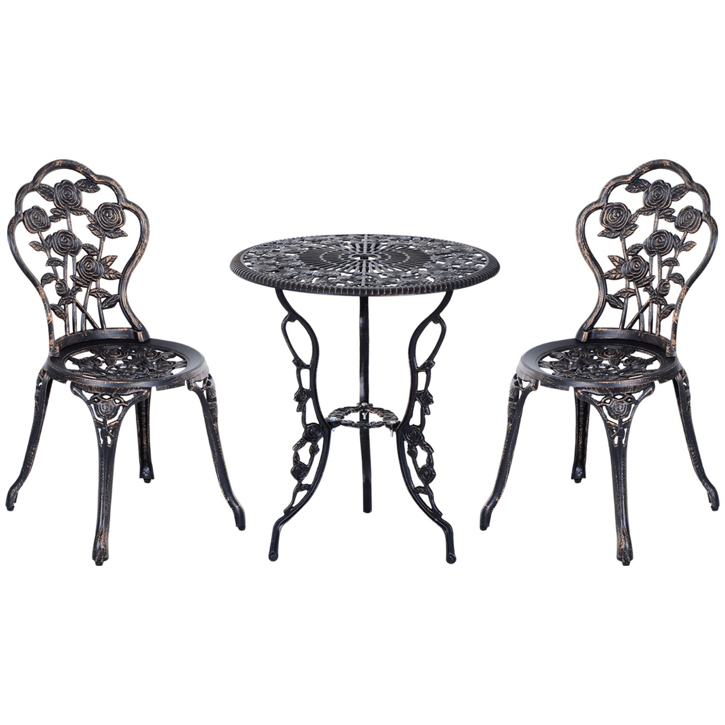 3 Pieces Aluminum Bistro Set, Bistro Table Set Outdoor Patio Furniture with Umbrella Hole, Patio Table and Chairs with Floral Patterns for Garden, Balcony, Porch, Bronze