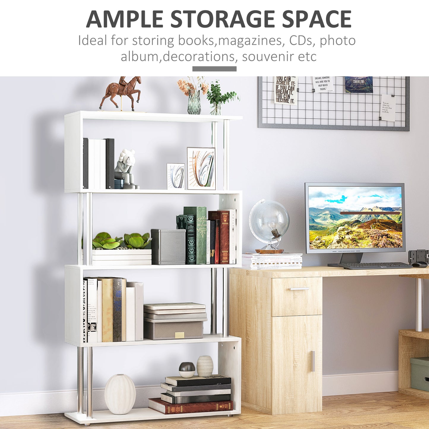 5-Tiers Geometric Wooden Bookcase S-Shaped Storage Bookshelf Display with Metal Frame for Living Room, Bedroom, Home Office, White