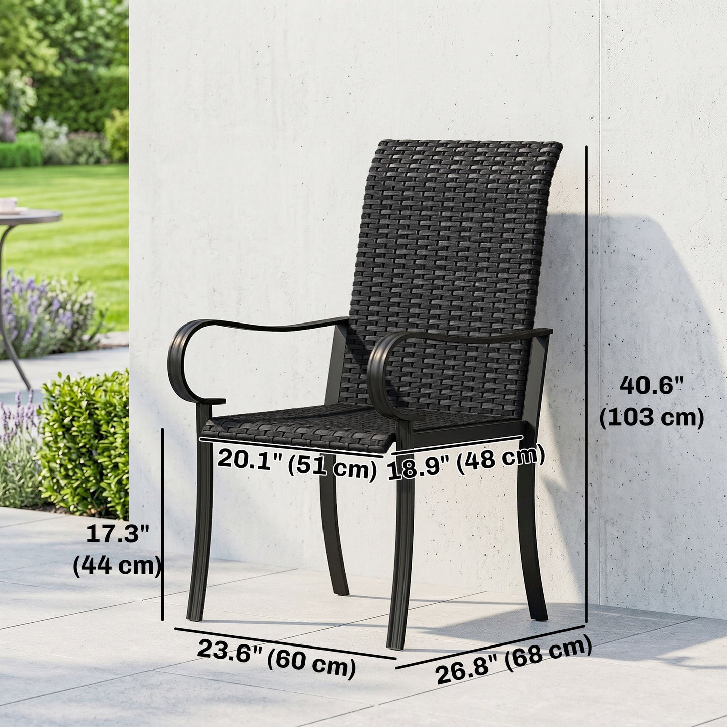 2 Piece PE Rattan Patio Dining Chairs with Steel Frame, for Garden, Backyard, Pool Side, Porch, Black