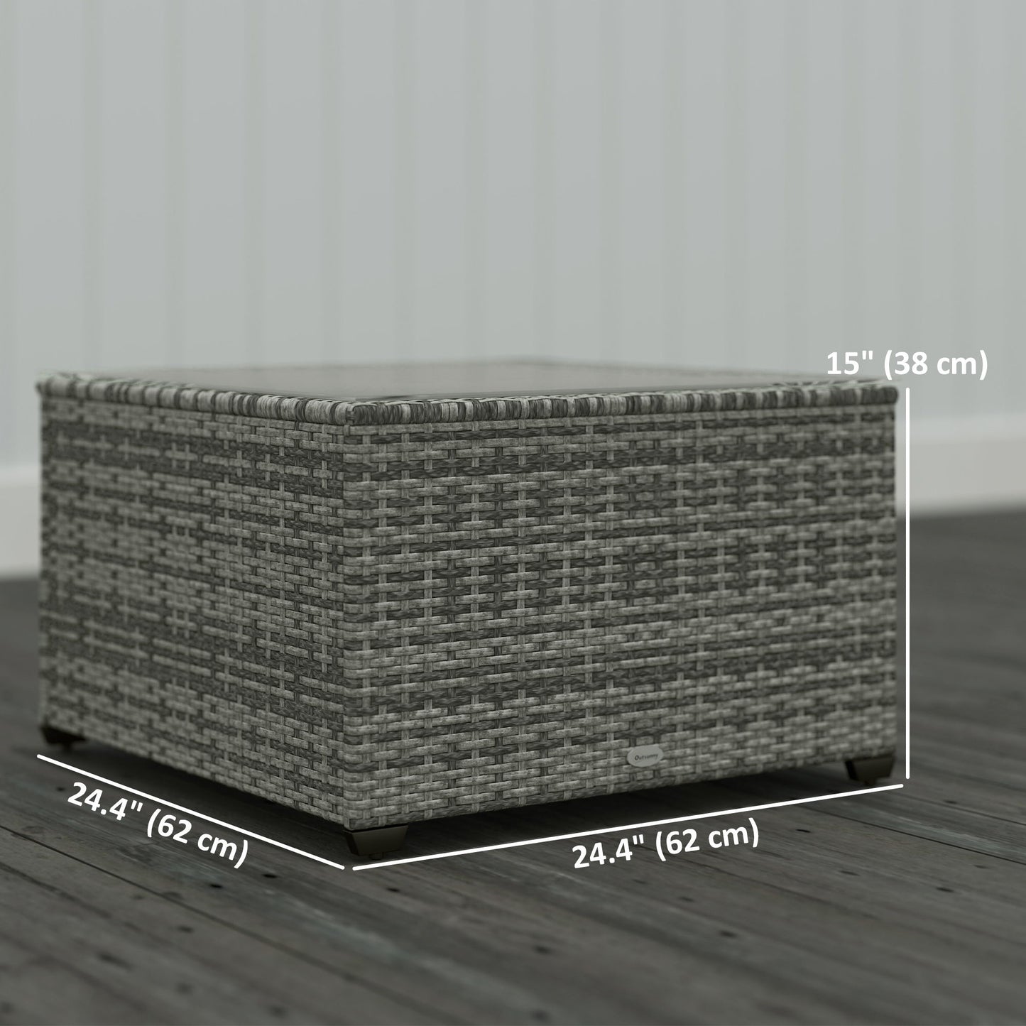 24.4" Patio Wicker Coffee Table, PE Rattan Outdoor Side Table with Tempered Glass Top, Light Grey