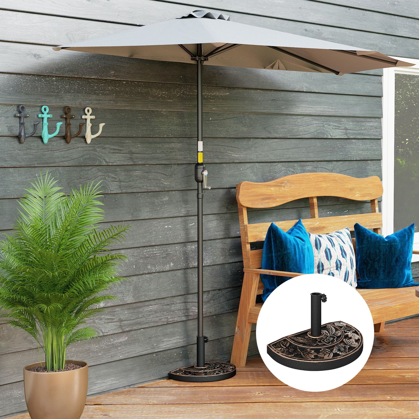 20 lbs Resin Half Round Patio Umbrella Base 20" Outdoor Decorative Parasol Stand Holder For Φ1.5", Φ1.9" Pole, Bronze