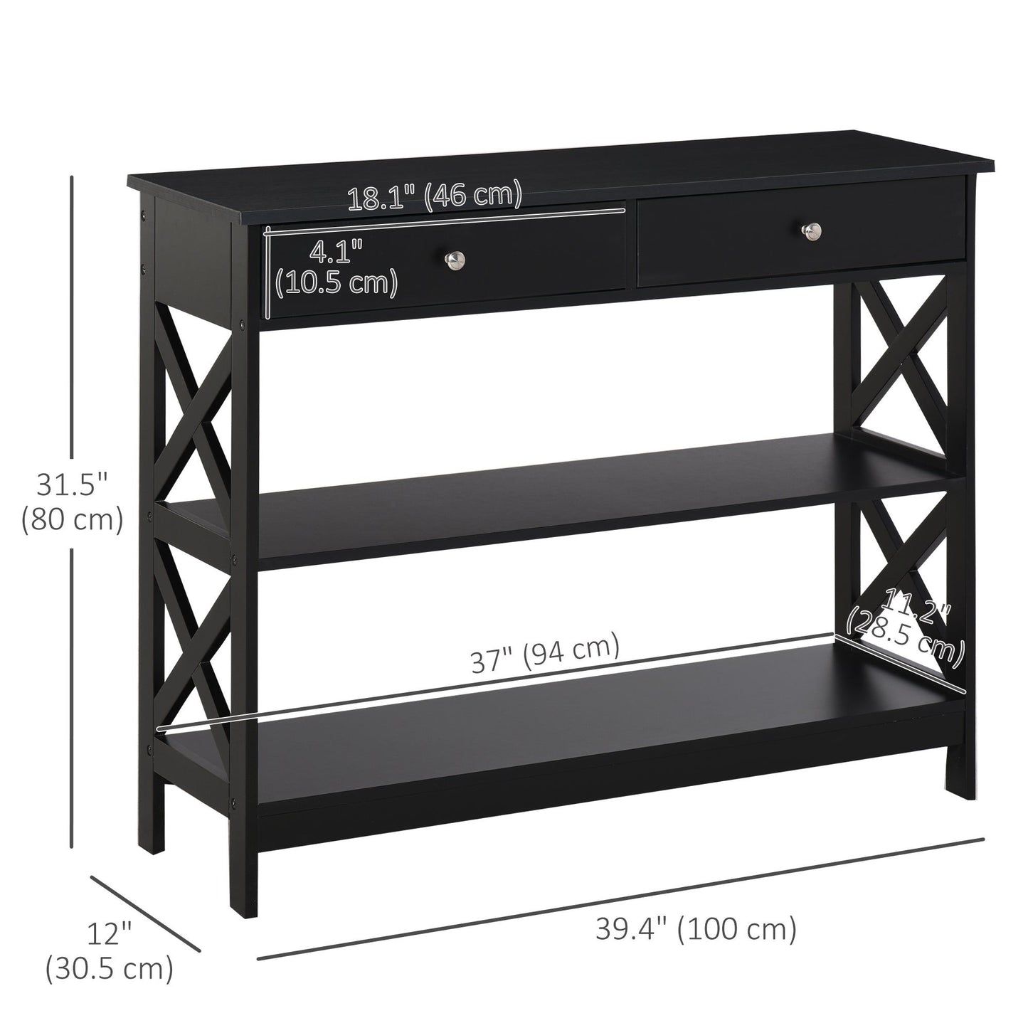 39" Console Table with Drawers and X-Frame - Black