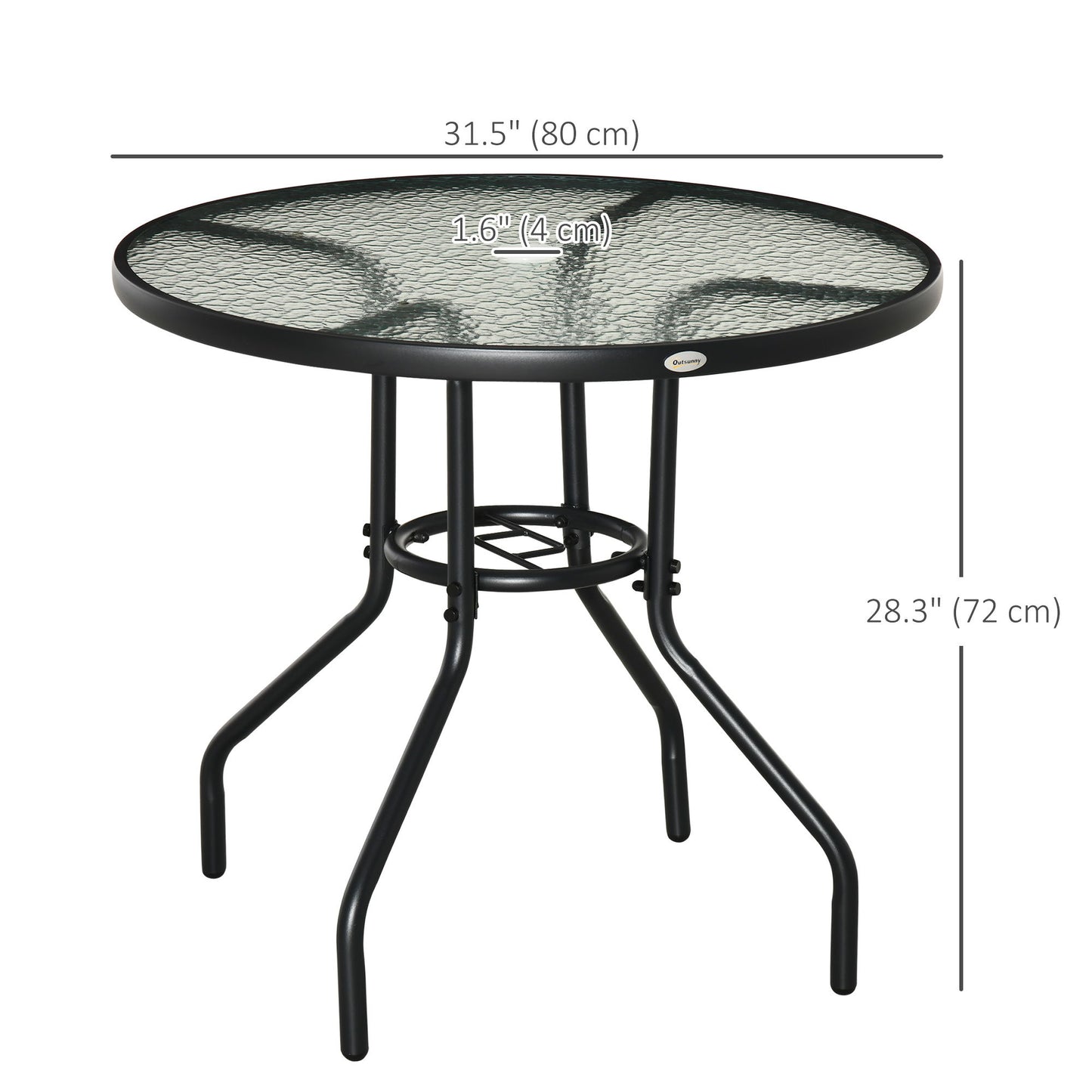 31.5" Round Outdoor Dining Table Coffee Side Bistro Table with Umbrella Hole, Glass Top, Steel Frame for Garden, Patio