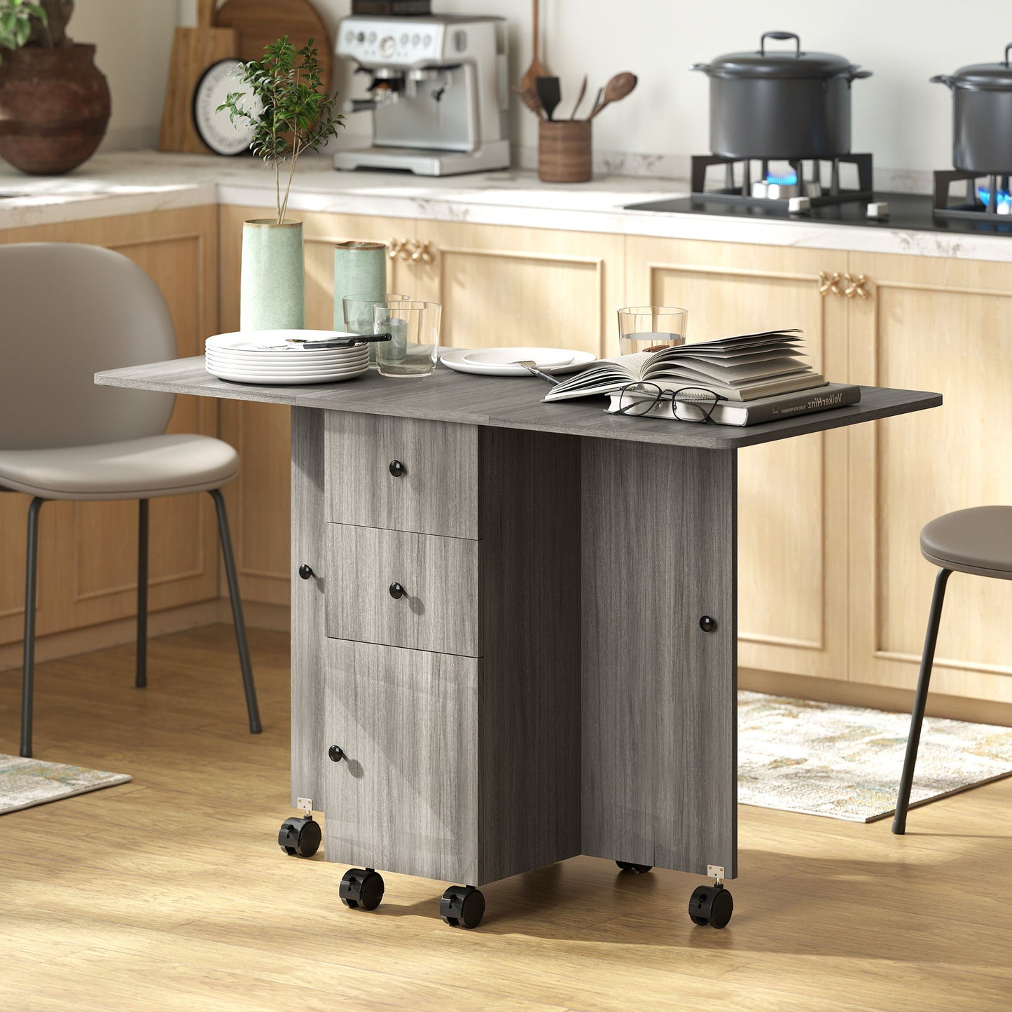Foldable Dining Table, Rolling Kitchen Table with Storage Drawers and Cabinet, Drop Leaf Table on Wheels, Grey