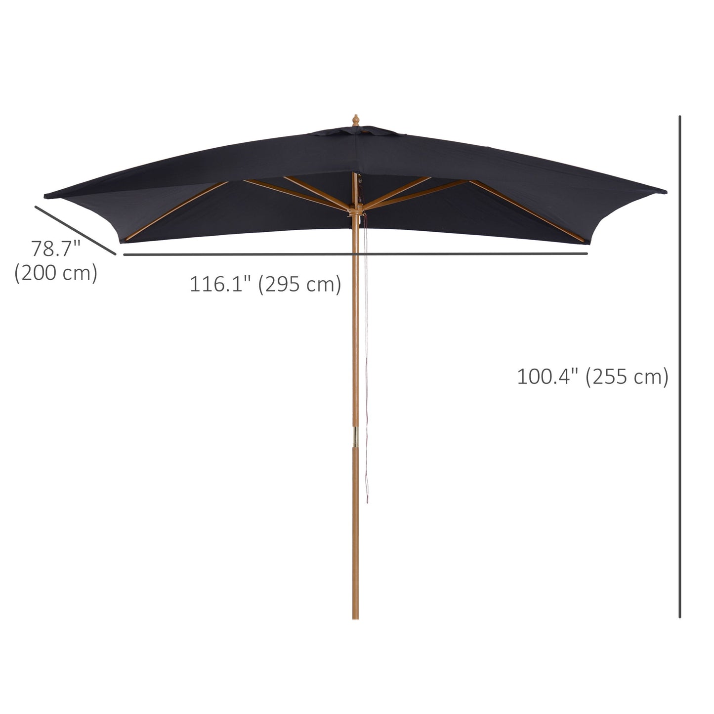 7' x 10' Wooden Patio Umbrella Rectangle Garden Parasol Outdoor Sunshade Canopy with Bamboo Ribs for Garden Black