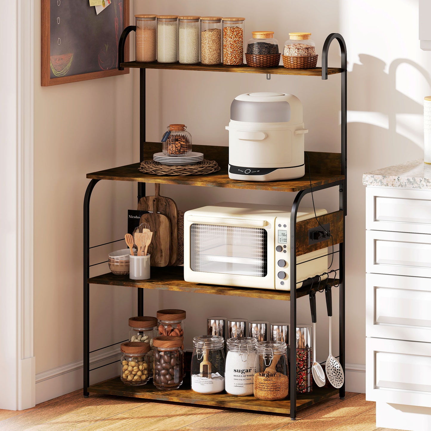 Baker's Rack with Charing Station, Microwave Shelf with Power Outlet, USB Charger and 4 Hooks, Rustic Brown