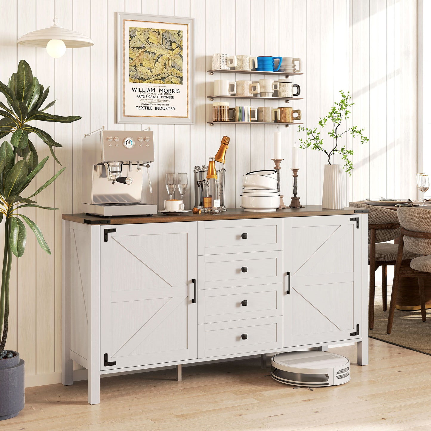 59" Buffet Cabinet, Farmhouse Sideboard with Thick Top, 2 Barn Doors, 4 Drawers and 2 Adjustable Shelves, White
