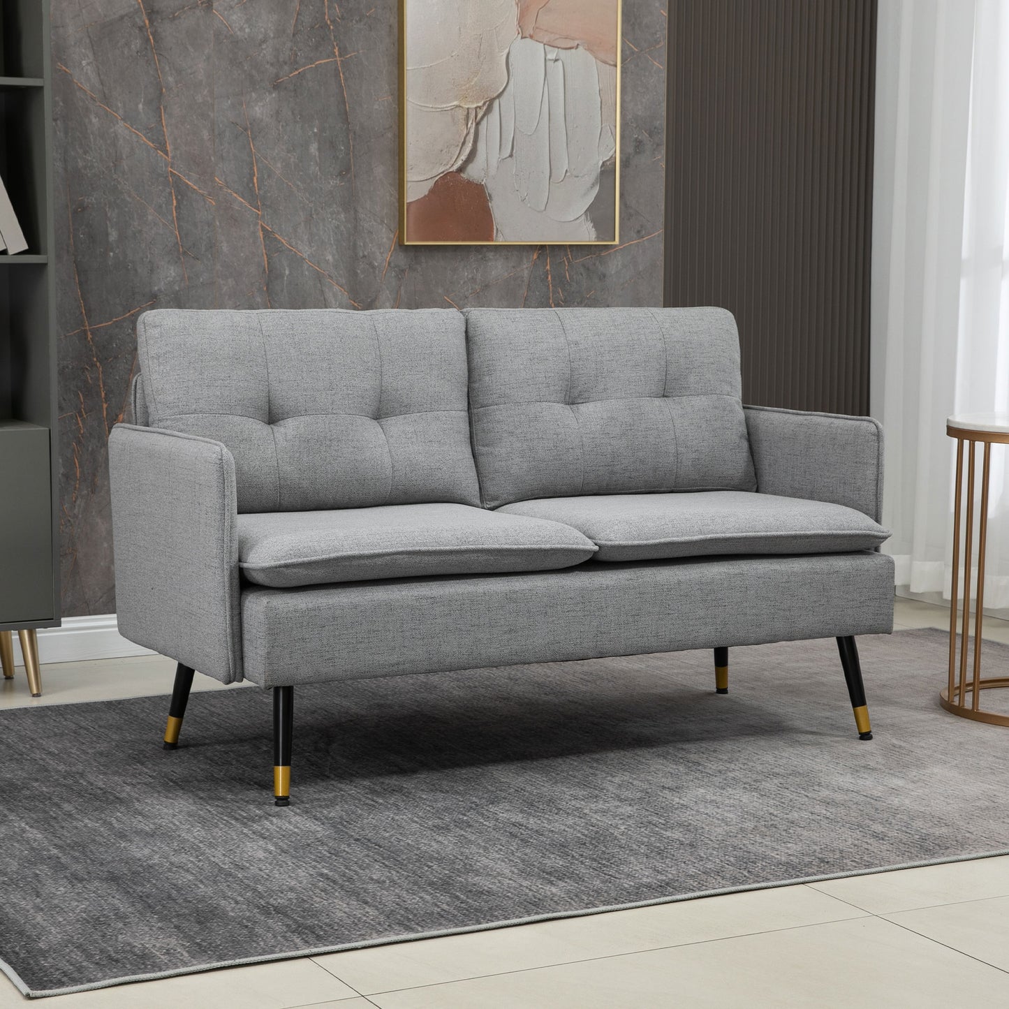 55" Loveseat Sofa, Linen Love Seat w/ S spring, Steel Legs and Button Tufting, Small Couch for Living Room, Grey