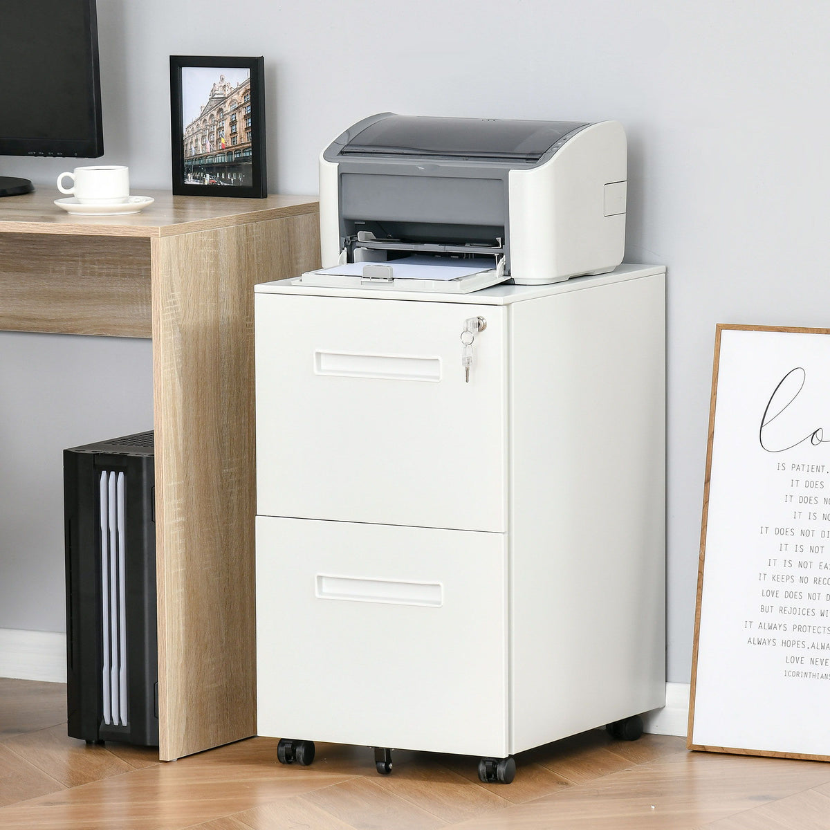 File Cabinet, Vertical Filing Cabinet with Adjustable Partition for A4 Letter Size, Lockable for Office, White