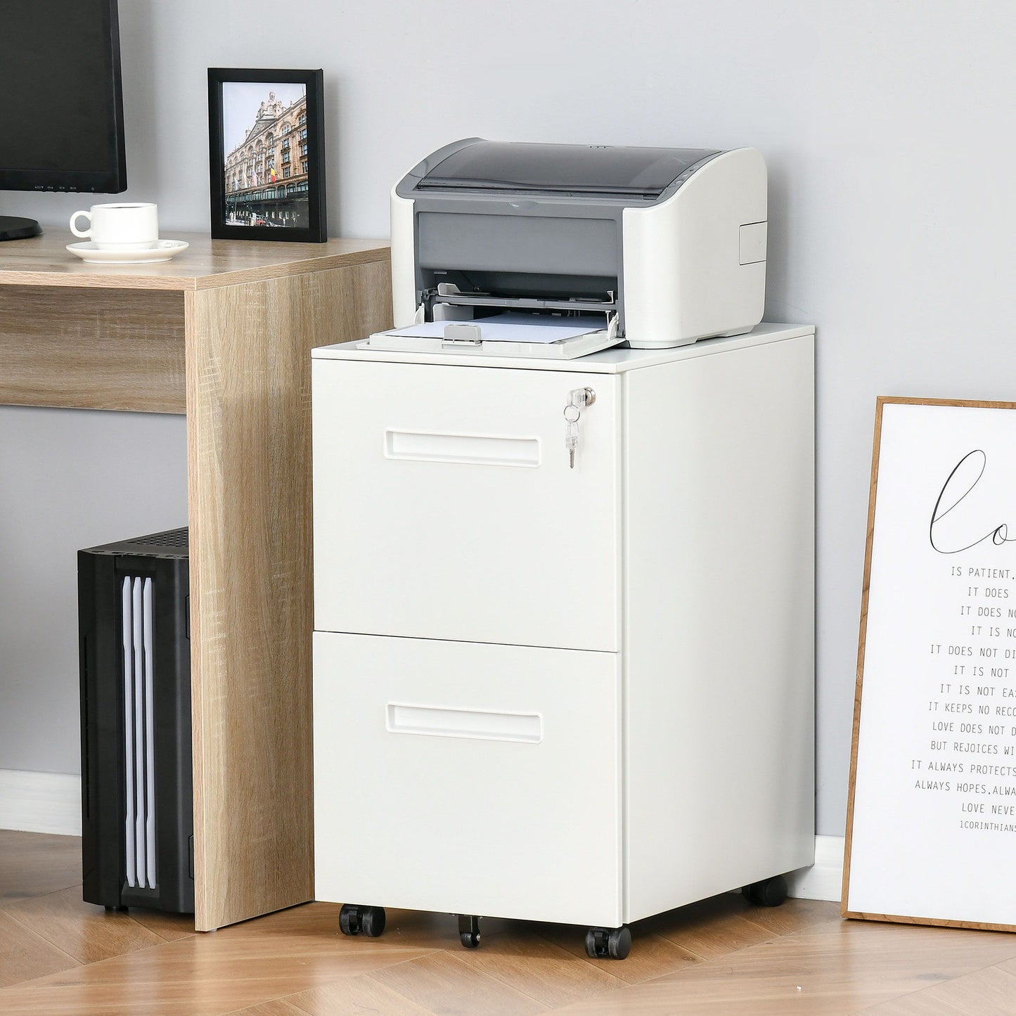 File Cabinet, Vertical Filing Cabinet with Adjustable Partition for A4 Letter Size, Lockable for Office, White