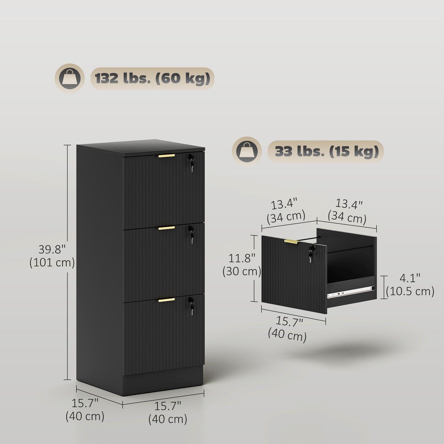 3-Drawer Lockable Filing Cabinet - Black