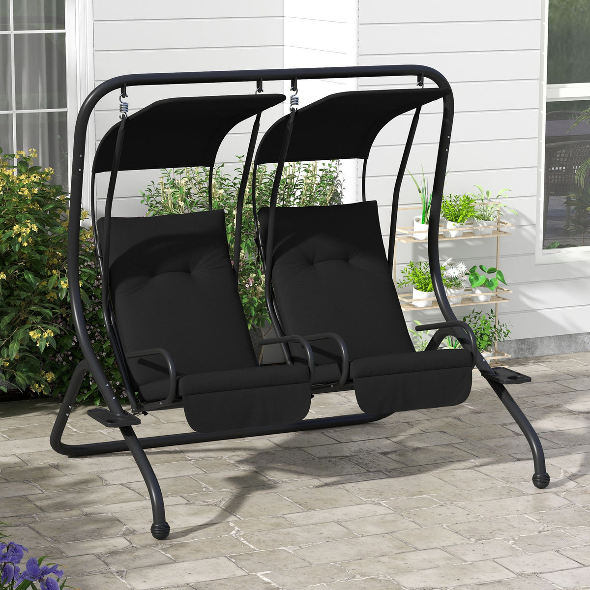 2-Seater Outdoor Porch Swing with Canopy, Patio Swing Chair for Garden, Poolside, Backyard, Black