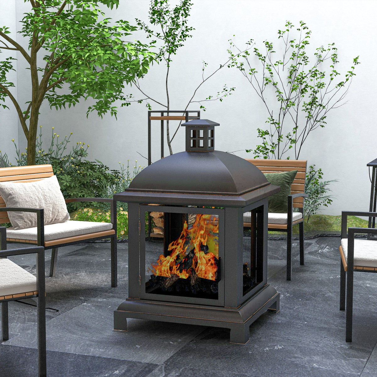 Wood-Burning Fire Pit, Chimney Style Firepit with Poker, 26" x 26", Black