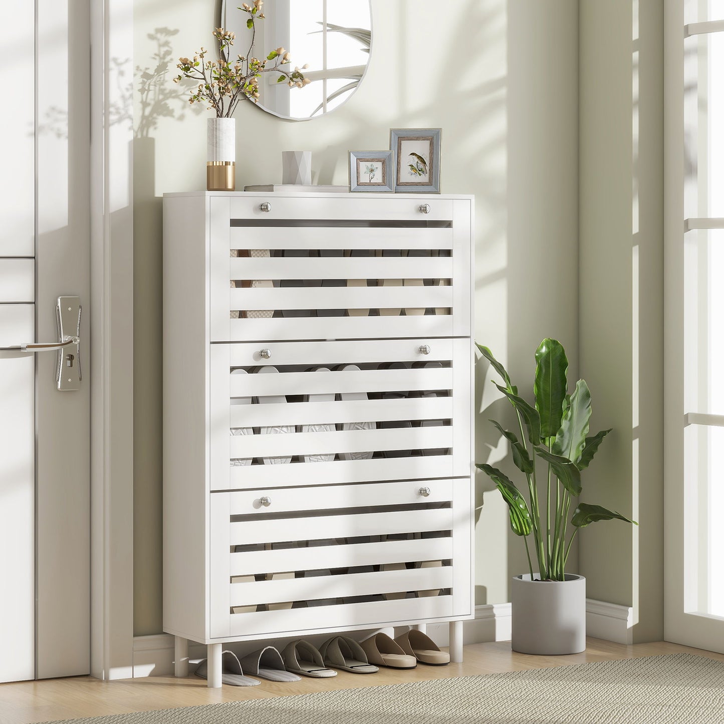 Narrow Shoe Storage Cabinet, 3 Flip Drawers, Adjustable Shelves, 18-24 Pairs Capacity, White