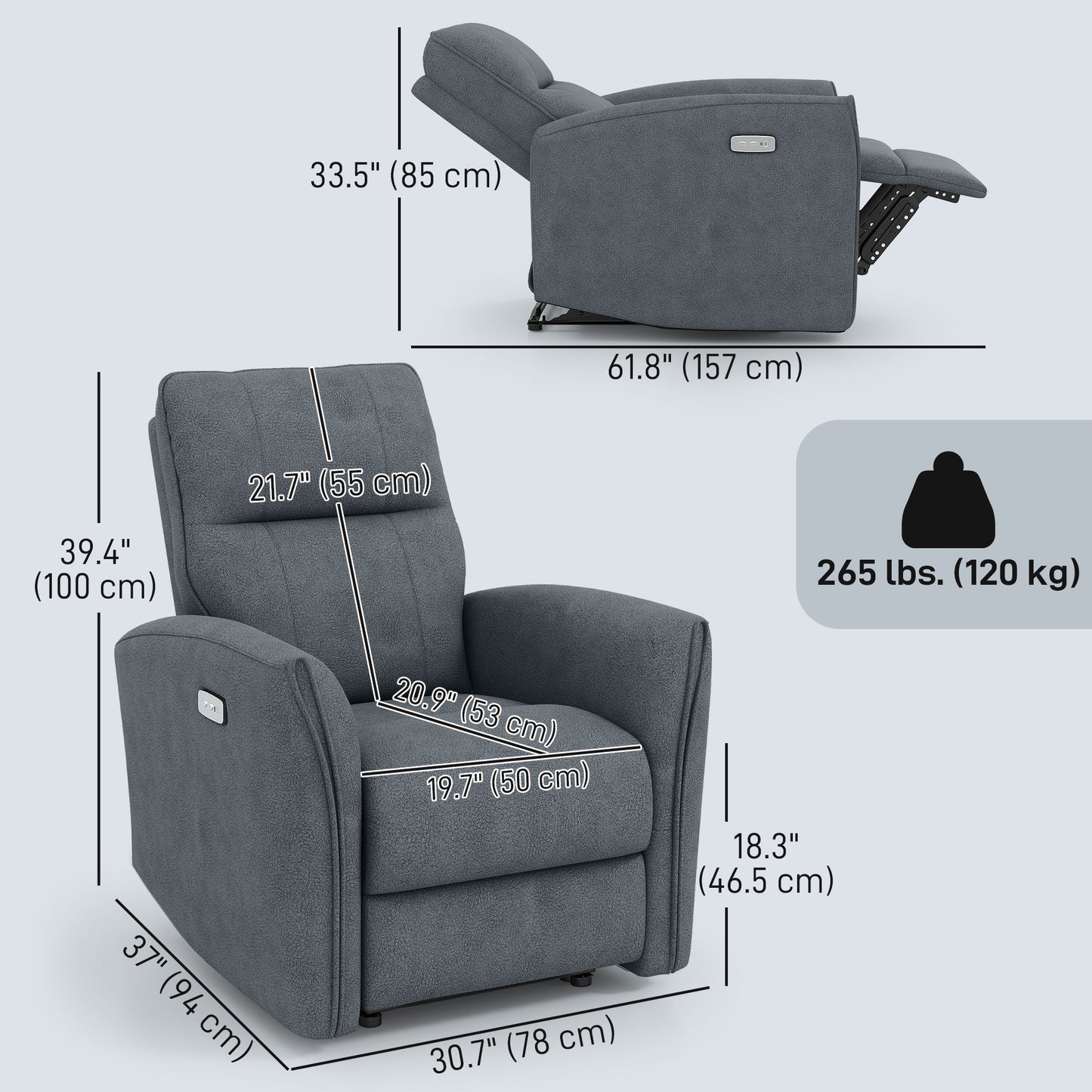Power Recliner Chair, Fabric Upholstered Recliner Chair with USB Ports, Footrest, Charcoal Grey