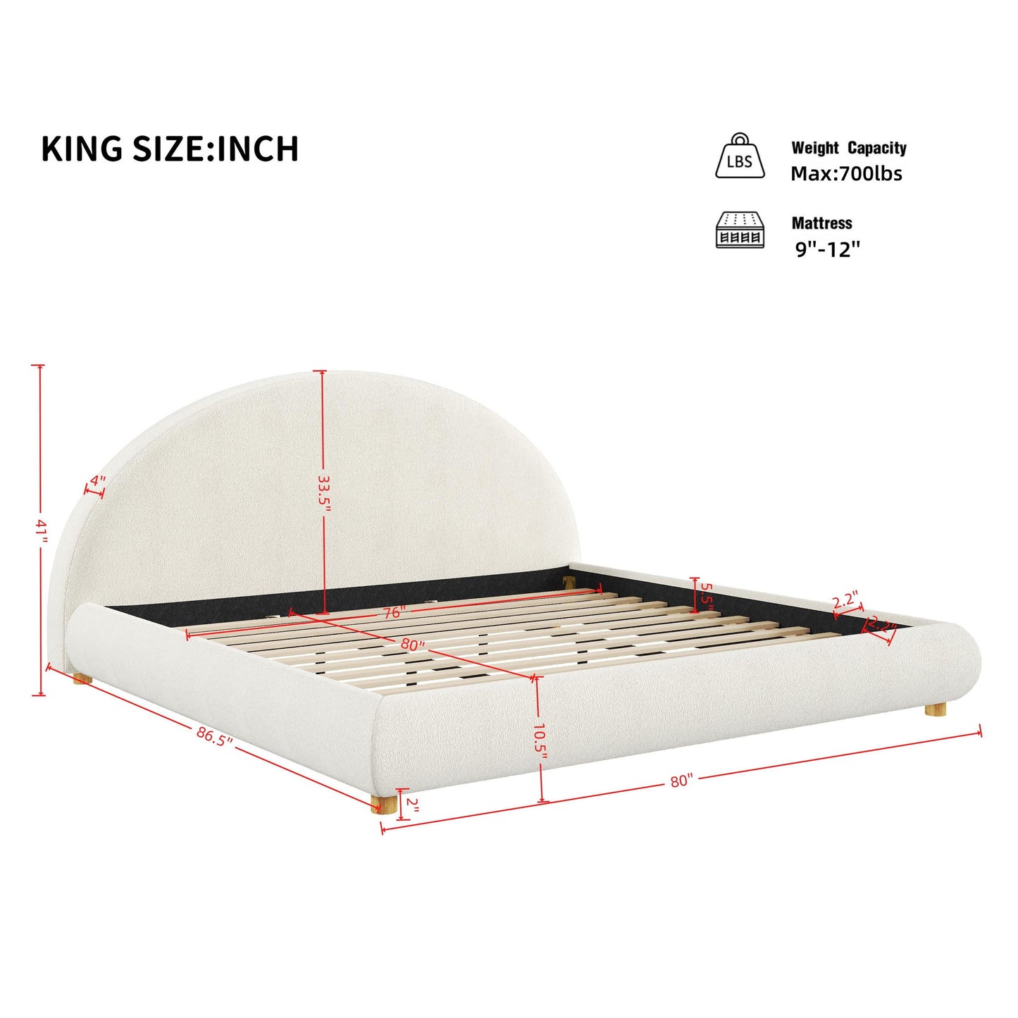 King Size Platform Bed with Integrated Mattress Retainer, Boucle Fabric, Solid Bedboard with Low-Profile Frame, 86.5'' L x 80'' W x 41'' H, White