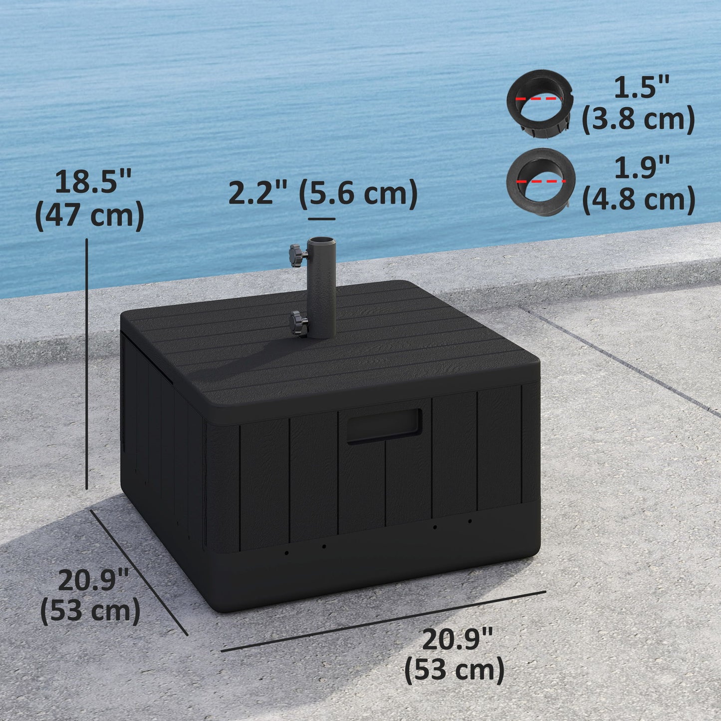 3-in-1 Patio Umbrella Base, Coffee End Table, Flower Box Planter with Wheels Handles, Square Plastic 176lb Stand/110lb Water Fillable Outdoor Garden Umbrella Stand, Black