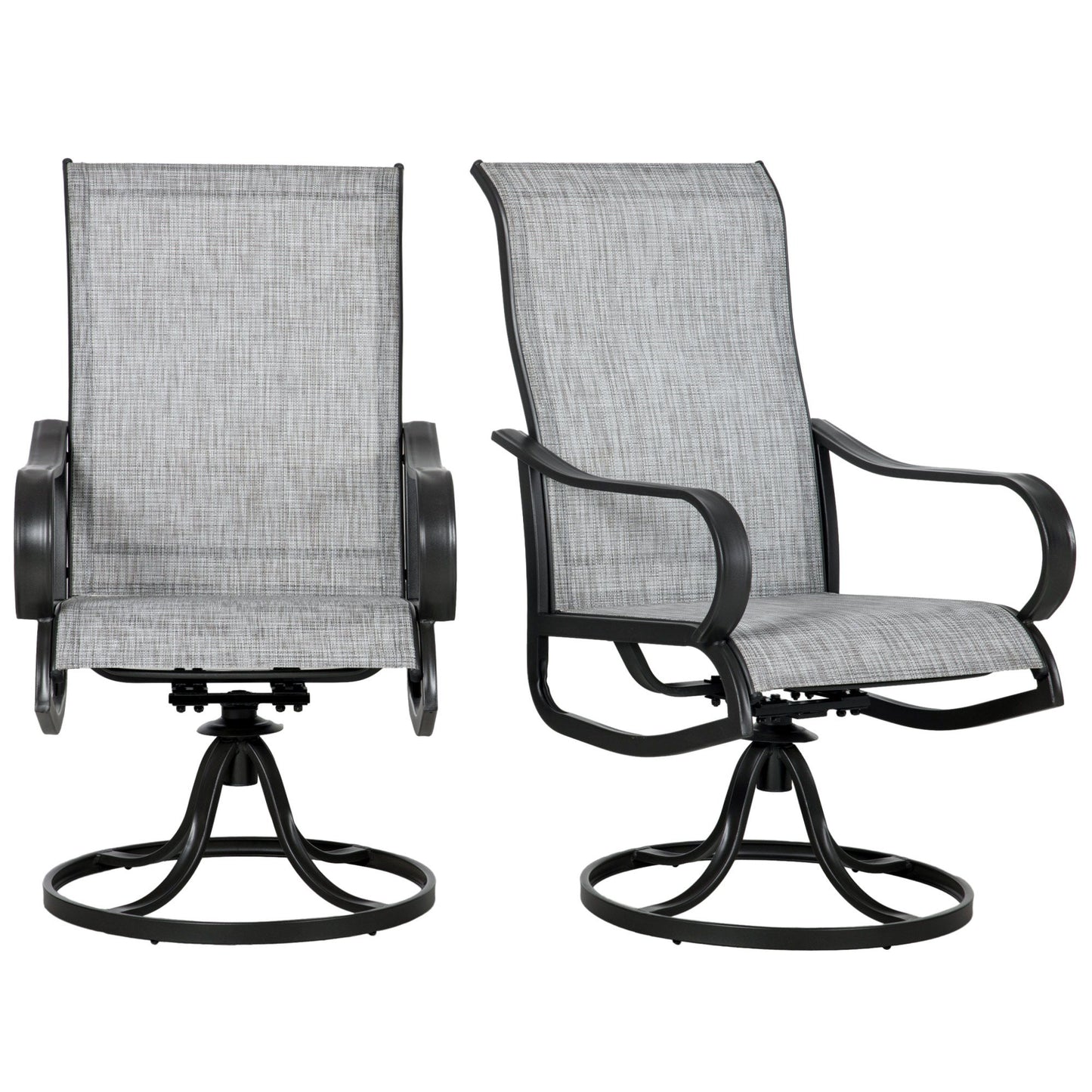 2-Piece Swivel Garden Chairs, 360° Swivel Rocking Outdoor Chairs with Curved Armrests, Breathable Mesh Seat & S Shape Backrest for Yard, Lawn, Porch, Dark Grey