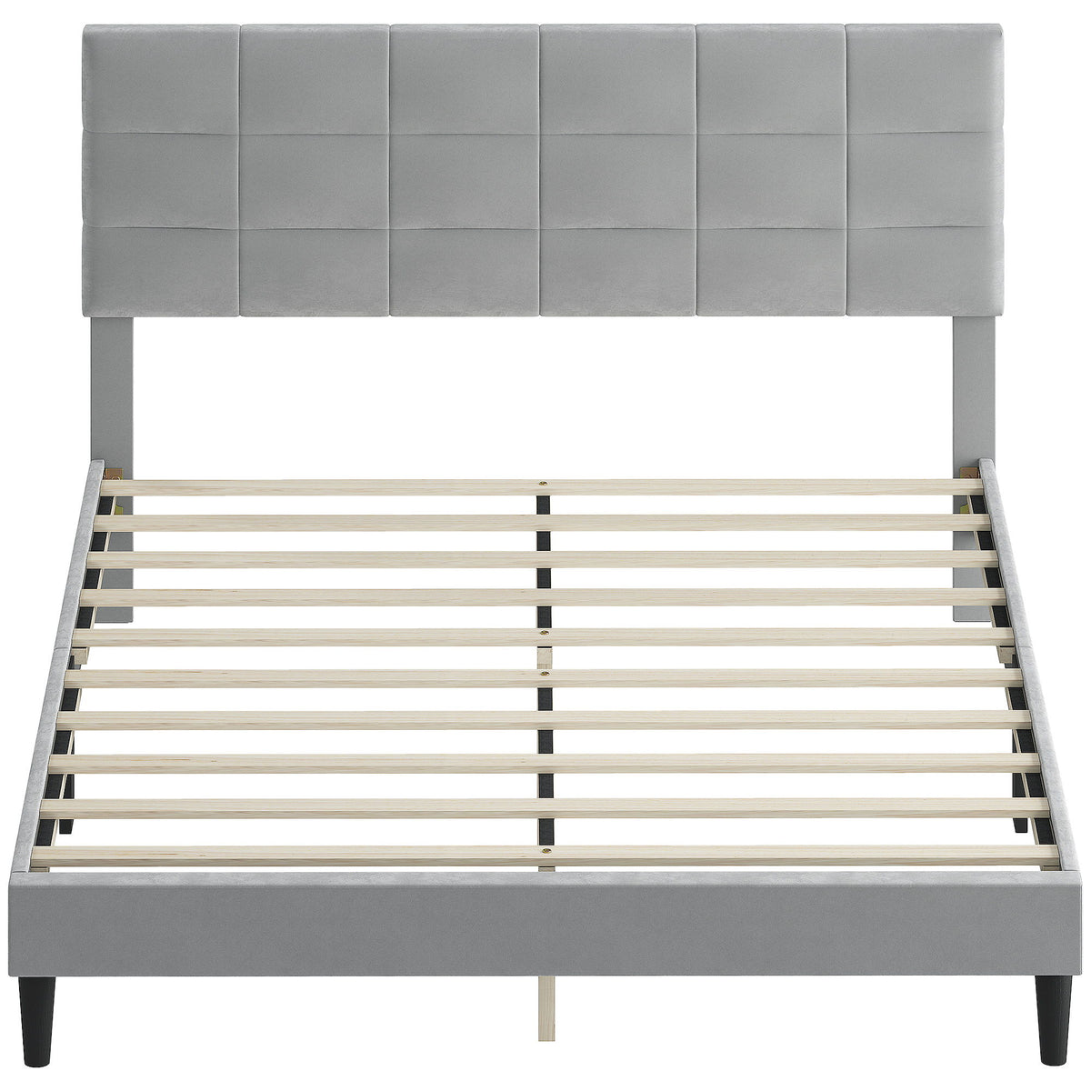 Queen Size Bed Frame with Upholstered Headboard, Modern Platform Bed Frame with Wood Slats, 1100 lbs Capacity, Grey
