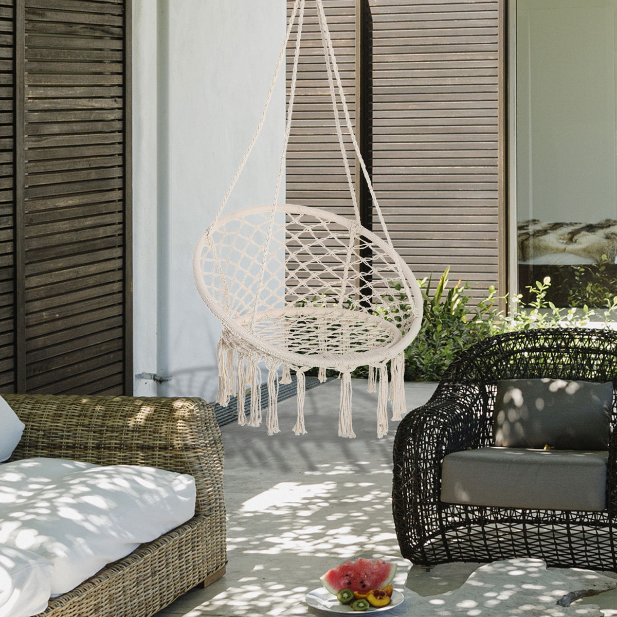 Patio Hammock Chair, Hanging Rope Hammock Swing for Indoor & Outdoor Use with Backrest, Cotton-Polyester Blend, Fringe Tassels, Cream White