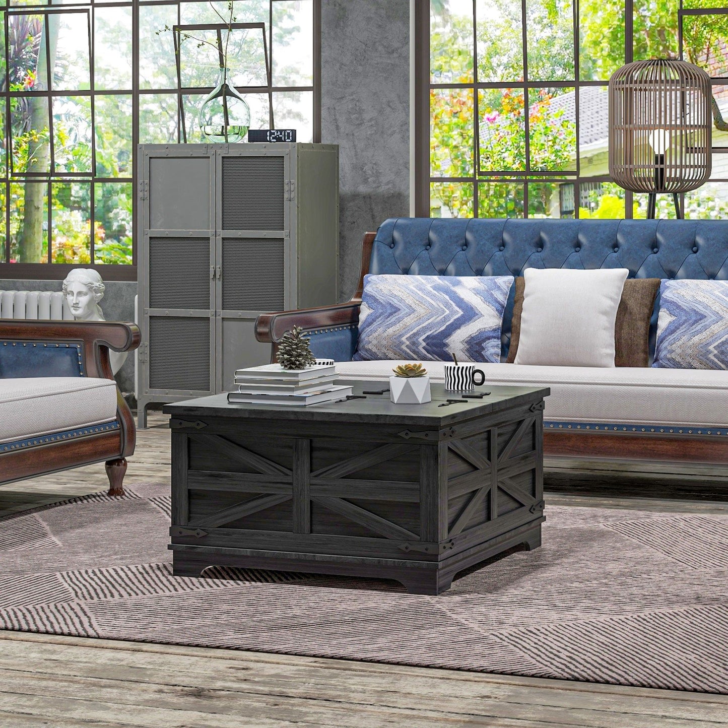 Farmhouse Square Coffee Table with Hidden Storage - Black
