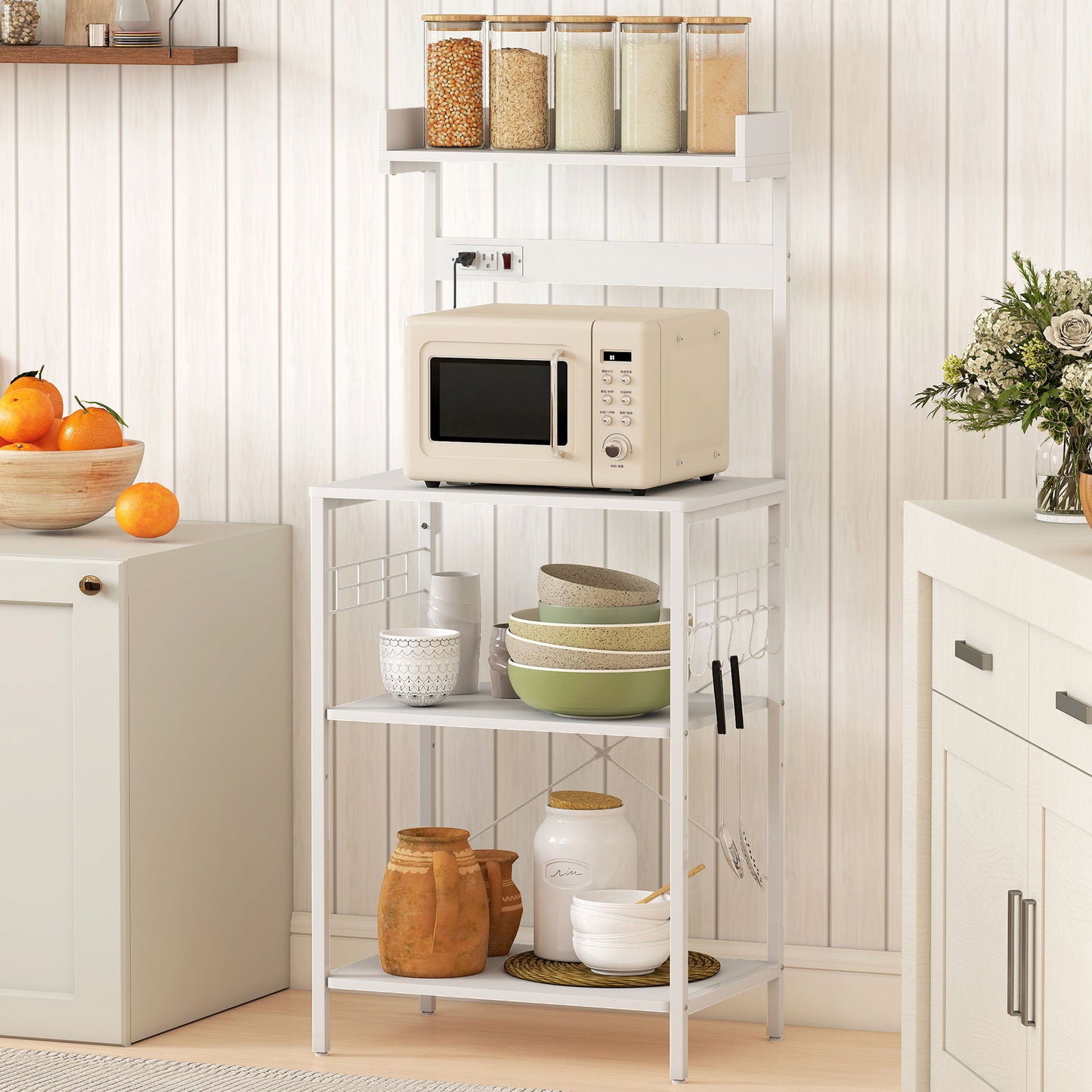 Kitchen Baker's Rack with Power Outlet, Coffee Bar Station with Adjustable Shelves and Hooks, Distressed White