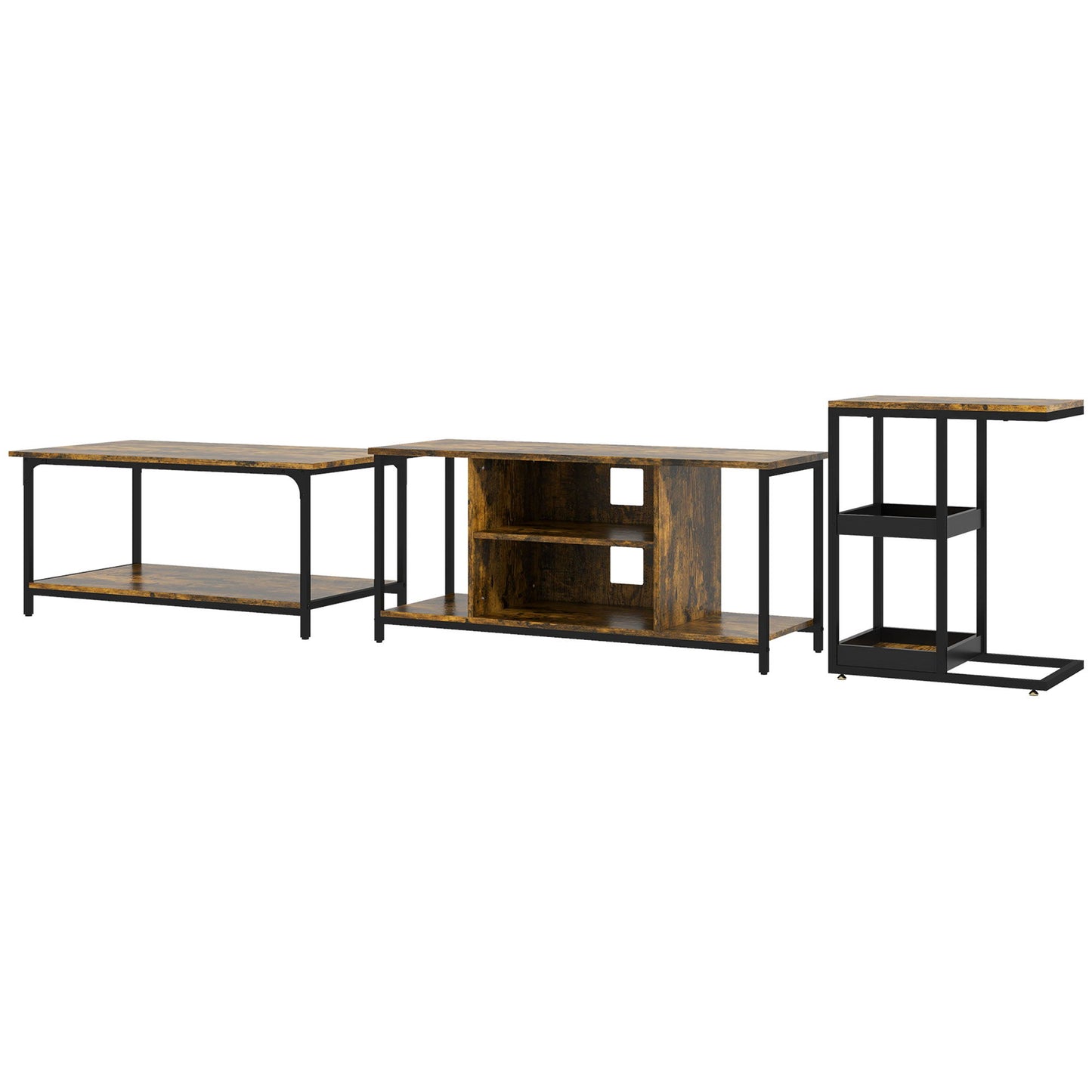 Living Room Furniture Set, Industrial Living Room Tables and TV Stand for 55" TVs, 2-tier Coffee Table and C-shaped Side Table with Storage Shelves, Rustic Brown