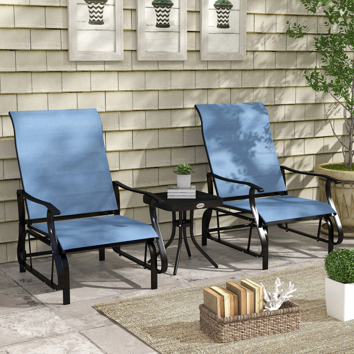 3PCs Gliding Rocking Chair & Bistro Tea Table Set, Light Blue