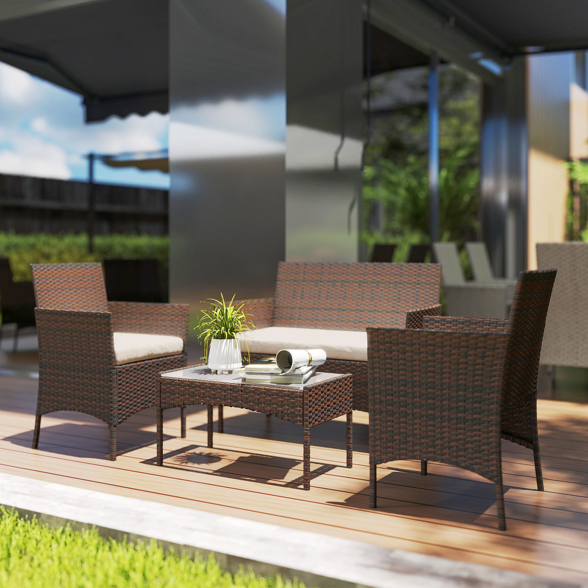 4 Pieces Wicker Outdoor Balcony Furniture Set Rattan Patio Furniture Set with Loveseat Chairs Glass Coffee Table Beige