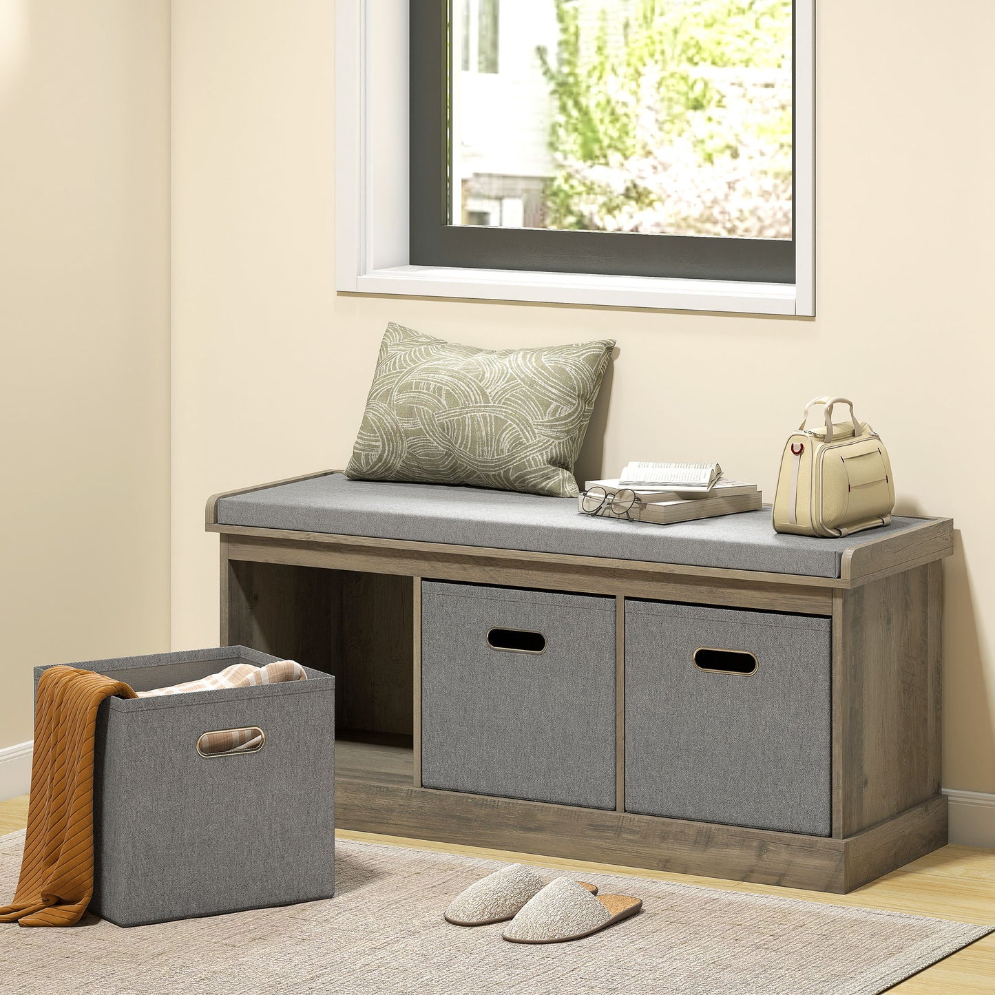 Shoe Storage Bench with Seat, Entryway Bench Seat with Cushion, 3 Fabric Drawers for Hallway, Washed Grey